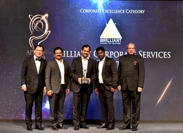 Representatives of Brilliant Corporate Services Private Limited receiving the Asia Pacific Entrepreneurship Awards 2019 India under Corporate Excellence Category