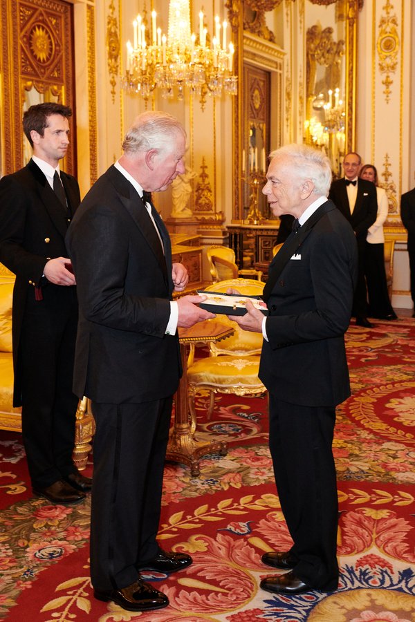 Ralph Lauren was presented with the Honorary Knight Commander of the Most Excellent Order of the British Empire (KBE) for Services to Fashion by His Royal Highness The Prince of Wales at Buckingham Palace. Photo credit: Chris Allerton
