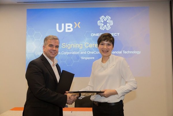 Mr. John Januszczak (left), CEO of UBX, and Ms. Tan Bin Ru, CEO (Southeast Asia) of OneConnect Financial Technology, shake hands in Singapore to mark the commencement of UBX and OneConnect’s partnership.