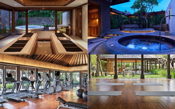 Top left: inside the luxurious spa villa. Top right: Hot and Cold Plunge Pool. Bottom left: state of the art fitness center. Bottom right: open air yoga studio amidst the lush garden.