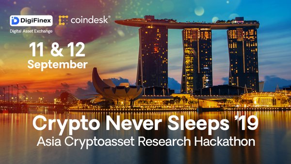 Crypto Never Sleeps event poster by DigiFinex and CoinDesk