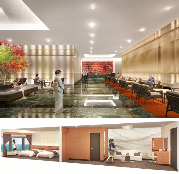 Hotel lobby & Superior Twin Bay room (floor area 31.8 m2; color scheme: 