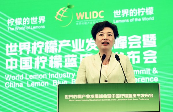 Wu Xu speaks at the World Lemon Industry Development Conference. (Anyue Publicity Department)