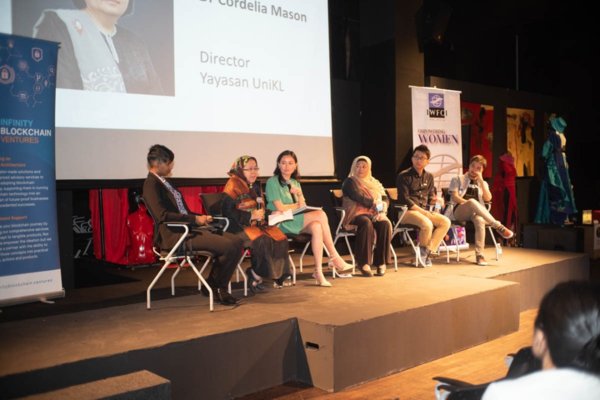 Panelist for the segment Growing Local Industry Through Sustainable Fashion. From Left Ambika Sangaran, Managing Partner from Biji-biji, Dr Cordelia Mason, President from Yayasan UniKL Masrina Abdullah,Founder from Masrina Abdullah Empire Ventures Studio, Kristina Teow, President from Lean In Youth, Cris D Tran, Regional Head from Infinity Blockchain Ventures and Alejandro Kikuchi, Head International Growth, Wokana.