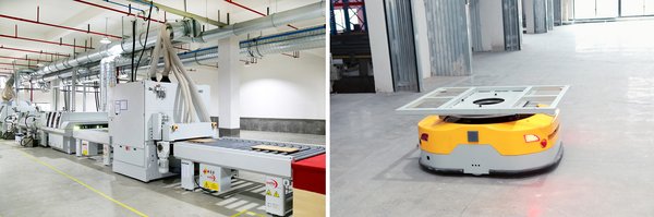 护童板材加工车间（左）、立体化仓储的智能Kiva机器人
