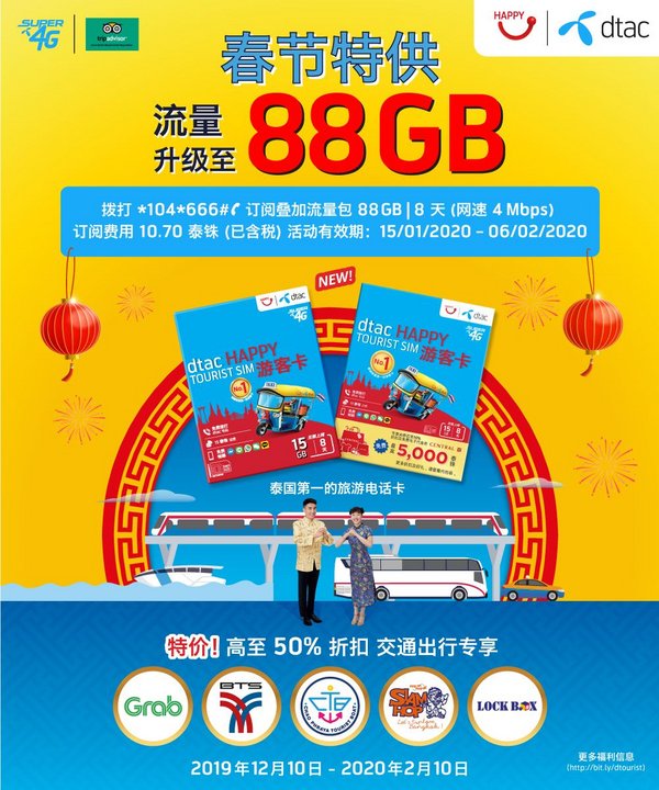 为庆祝中国春节，dtac专为中国游客提供数据内存达到创纪录88 GB的升级版“dtac尚泰百货Happy游客SIM卡”