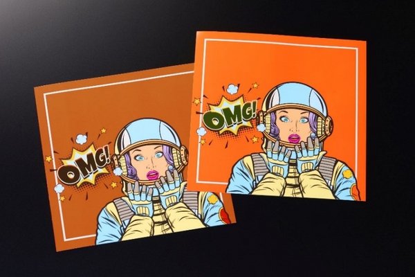 Left: Orange printed with CMYK dry inks. Right: Orange printed with combination of CMYK and pink dry ink