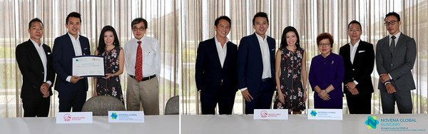 Photo (Left) From Left to Right : Official Signing Ceremony with Novena Global Lifecare and AIA Singapore,  Novena Global Lifecare Co-Founders, Nelson Loh (Executive Chairman) & Terence Loh (CEO), Dr Lim Cheok Peng, Senior Medical Advisor of Novena Global Healthcare group and Melita Teo, Chief Operations Officer of AIA Singapore; Photo (Right) From Left to Right : Novena Global Lifecare Team and AIA Singapore,  Yuey Tan, Professional Racing Driver for Novena Racing Team, Nelson Loh, Novena Global Lifecare C