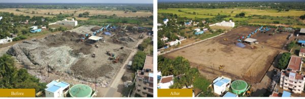 Image: Before and after images of a dumpsite reclamation project undertaken by Zigma in India to clear 15 acres of land from a 20-year-old dumpsite.