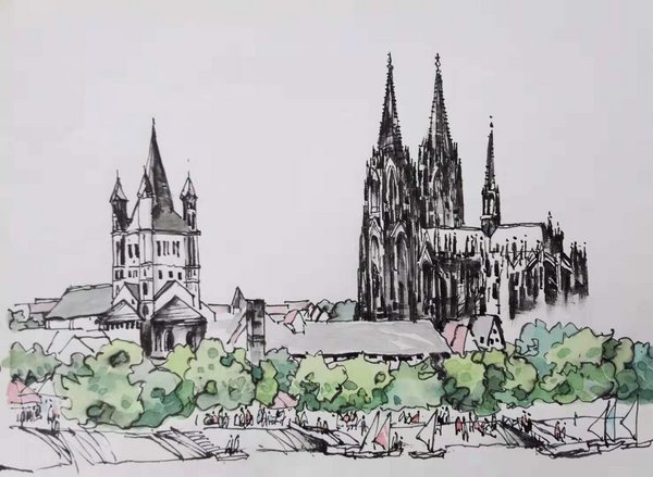 《远眺科隆大教堂》画作，作者汤重熹