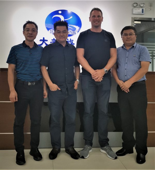 Pictured left to right: Mr. Wilson Wu (CEO of Guangzhou Daxin), Mr. Sim Choo Kheng (Founder & CEO of the Group), Mr. Wesley Rae (Director of Sim Leisure Creative) and Mr. Tian Gaoqi (Chairman of Guangzhou Daxin Group)