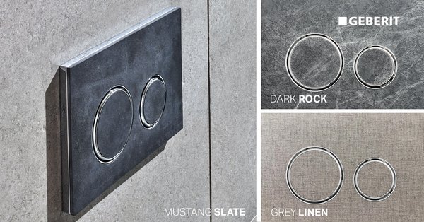 Geberit Sigma 21 actuator plates in trendy, natural textures - mustang slate, dark rock and grey linen.