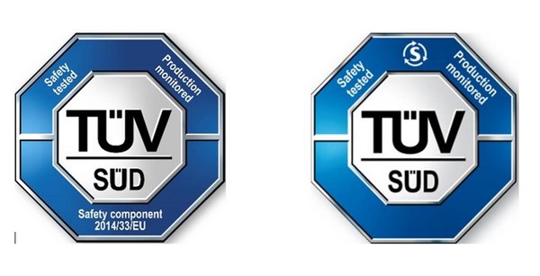 左：电梯安全部件TUV南德认证标志（TUV SUD Mark）示例 右：电梯通用产品TUV南德认证标志（TUV SUD Mark）示例