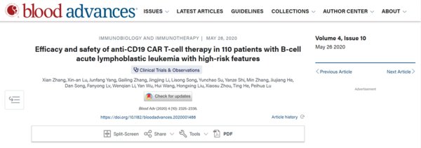 国际血液学期刊Blood Advances杂志发表了陆道培医疗团队张弦主任为第一作者，陆佩华院长为通讯作者，题为《Efficacy and safety of anti-CD19 CAR T-cell therapy in 110 patients with B-cell acute lymphoblastic leukemia with high-risk features》（CD19 CAR-T细胞治疗110例具有高危特征的难治/复发B-ALL患者的安全性和有效性研究）的研究成果