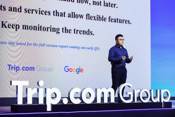 Google China Head of Industry (OTA) Wilson Wu (pictured) announces the joint Travel Trends Report at the Trip.com Group “Travel On” launch event.