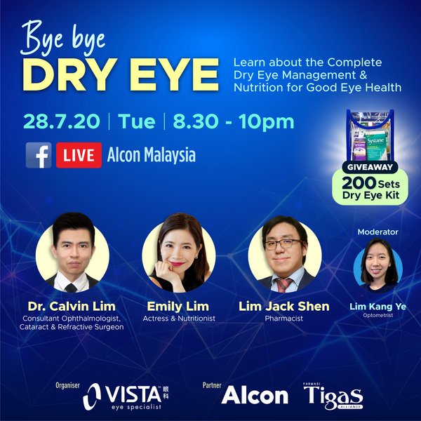 Join Dr. Calvin Lim (from left), noted nutritionist and actress Emily Lim and Pharmacist Lim Jack Shen in our Facebook Live by searching Alcon Malaysia!