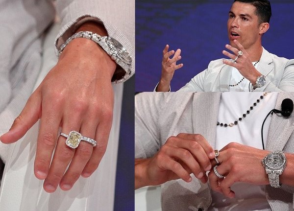 Christiano Ronaldo wearing a yellow diamond ring at one of his interviews