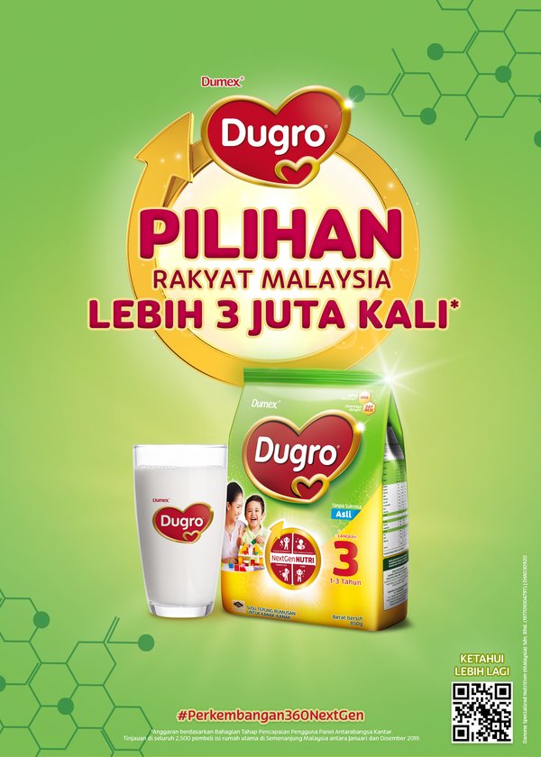 Dugro – The choice of Malaysians over 3 million times. Estimates based on Kantar Worldpanel Division’s Consumer Reach Point. Surveyed across 2,500 key household shoppers in Peninsular Malaysia between January and December 2019.