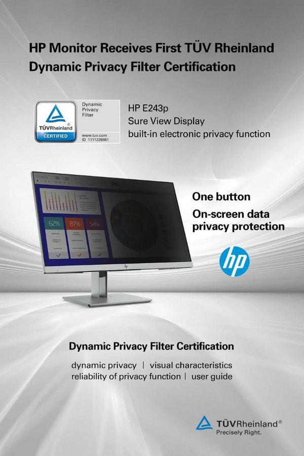 HP Monitor Receives First TÜV Rheinland Dynamic Privacy Filter Certification