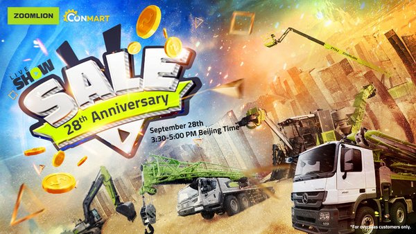 To celebrate the 28th Anniversary of Zoomlion (September 28, 2020), the five major product lines of Zoomlion, mobile crane, concrete, earthmoving, AWP, and agriculture will bring 20 best-selling products overseas with the biggest discount to benefit its dealers and global customers, especially in Southeast Asia.
