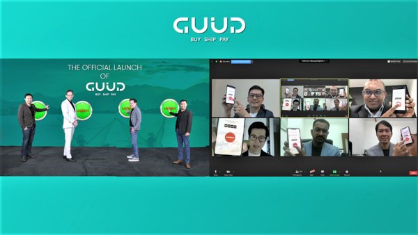 On left screen, from left to right: Mr Jiejing Chen, Head GUUD Source, Mr Desmond Tay, CEO of GUUD, Mr Vesmond Wong, Group CEO of DeClout, Mr Desmond Loh, Head of GUUD Finance. On right screen from top left to bottom right: Mr Johan Djaja, GM of GUUD Indonesia, Mr Kiren Kumar, Assistant Chief Executive (Digital Industry and Talent), IMDA, Mr George Chan, GM of GUUD Africa, Mr Siva Gunesparan, GM of GUUD Singapore and Mr Viboon Chaojirapant, Product Director of GUUD International