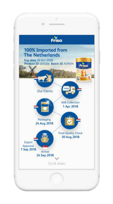 Arriving at the landing page of FRISO TrackEasy, mums can click on icons to learn more about milk source and every level of the journey of their formula milk tin