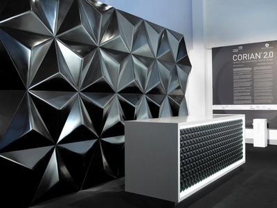 Reception desk and interior wall cladding applied with Corian ® DeepColor™ Technology