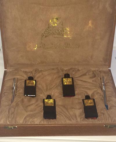 The very exclusive gift boxes made for His Highness Sheikh Abdullah Bin Rashid Al Mualla with his majestic eagle logo 
