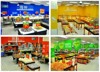 沃尔玛新店根据不同的陈列区域配上不同的主题颜色，方便顾客更快找到所需商品