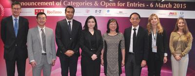 (From left) James Courage, Chief Executive Officer of Platinum Guild International; Liu Zheng, Deputy General Manager of GDLAND; Rishi Parikh of Diarough; Rita Maltez, Director of Rio Tinto Diamond's Greater China Representative Office; Letitia Chow, Founder of JNA and Director of Business Development - Jewellery Group of UBM Asia; Kent Wong, Managing Director of Chow Tai Fook; Noa Pardo, Managing Director of IDI Asia Pacific; and Helen Molesworth, Managing Director of Gubelin Academy