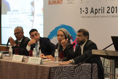 Panelists deliberating during the Business Forum about Halal from a tourism perspective. From Left: Zulkifly Md Said, Director General, Industry Development Division Islamic Tourism Centre (ITC); Safdar Khan, Group Country Manager MasterCard Asia Pacific Pte Ltd Malaysia Branch; Hajjah Jumaatun Azmi, Founder & Managing Director of KasehDia Sdn Bhd; and Fazal Bahardeen, Founder & CEO of CrescentRating.