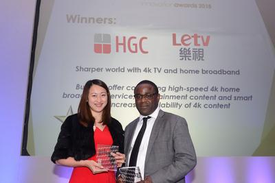 Hong Kong’s first bundling of 4K home broadband with entertainment content by Hutchison Global Communications Limited (HGC) and Letv has won a “Consumer Service Innovation Award” in the ninth Global Telecoms Business Innovation Awards. Sierra Ma (left), General Manager, International Business Development of Letv, and Oyovwe Okorodudu (right), Assistant Vice President, EMEA of Hutchison Global Communications Limited receive the honour on behalf of Letv and HGC. 