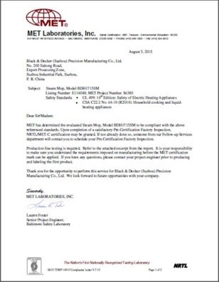 DEKRA德凯助史丹利百得获其全球第一张cMETus北美安全认证证书