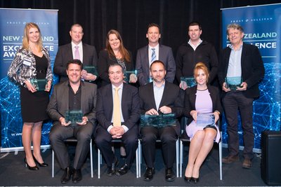Andre Clarke, Country Manager, New Zealand at Frost & Sullivan with the recipients of the 2015 Frost & Sullivan Excellence Awards New Zealand