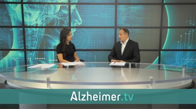 Dr Ziad Nasreddine, on the right, is being interviewed by news presenter Kia Watkins, in the Alzheimer.tv studio. Located in the entrance hall of the MoCA Clinic and Institute, the studio is an open area where patients and their caregivers can watch the Alzheimer.tv team in action.
