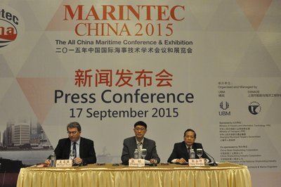 Marintec China 2015's first press conference (Left to right: Mr Michael Duck, Mr Zhang Lin and Professor Zhang Shengkun)