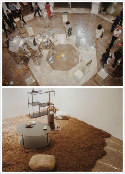 展品：上圖，以物觀心裝置：對鏡（yanling) 象（fake)；下圖，喜研茶室，龐喜
