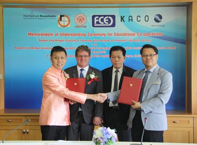 Assistant Professor Doctor Anirach Mingkhan - Dean of the Faculty of Industrial Technology and Management, King Mongkut's University of Technology North Bangkok (KMUTNB), signed the MOU on academic cooperation with the sole distributor of KACO new energy - the world class solar inverter, by Mr. Phiphat Phakhananyoothin, Managing Director of Fah Chai Engineering Limited, with the presence of Professor Doctor Teravuti Boonyasopon - The President of KMUTNB.