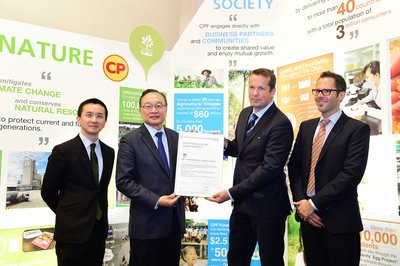 CPF entitles the world’s first chicken producer for “ProSustain” standard. Mr.Adirek Sripratak (2nd left) CEO of CPF, receives the “ProSustain” certification for fresh and cooked chicken meat from Mr.Per Ove Øyberg (2nd right) Regional Manager for Central Europe, Det Norske Veritas (DNV GL) marking CPF the first chicken producer in the world and the first food producer in Asia Pacific for the standard, reflecting its ability to manufacture under sustainability principles throughout the supply chain.