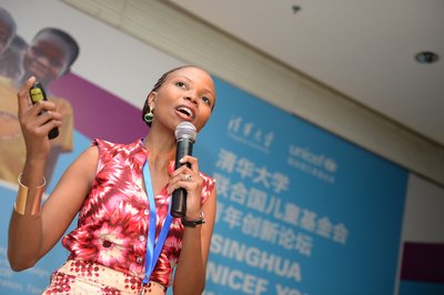 Caroline Barebwoha, Project Officer at UNICEF Nigeria, speaks at the inaugural Tsinghua-UNICEF Youth Innovation Forum in Beijing on October 17, 2015.©Photo: UNICEF China/2015/Xia Yong