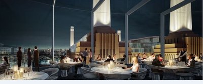 View from double height bar and restaurant across the London skyline and Battersea Power Station