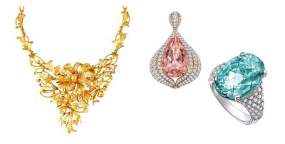 From left: Bridal gold jewellery necklace by Chow Tai Fook; coloured gemstone jewellery pieces by Lorenzo Jewelry Ltd