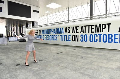 International Tennis Star Caroline Wozniacki unveils the new GUINNESS WORLD RECORDS™ title for the largest tennis ball mosaic by Mundipharma on 30 October 2015