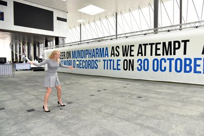 International Tennis Star Caroline Wozniacki unveils the new GUINNESS WORLD RECORDS(TM) title for the largest tennis ball mosaic by Mundipharma on 30 October 2015
