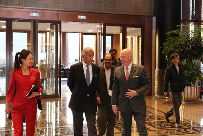 Former Prime Minister of Pakistan Shaukat Aziz welcomed by Brice Pean, GM of Sunrise Kempinski Hotel, Beijing & Yanqi Island