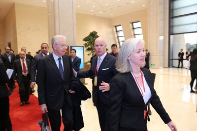 Italy's Former Prime Minister Monti Mario welcomed by Brice Pean, GM of Sunrise Kempinski Hotel, Beijing & Yanqi Island