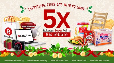 Rakuten has newly launched a 5% rebate on all its products across its shopping sites in Singapore, Malaysia, Indonesia, Thailand and Taiwan. This provides shoppers with rewards in the form of Rakuten Super Points – which can be used like cash on the Rakuten shopping site – even as they start their Christmas online shopping spree.