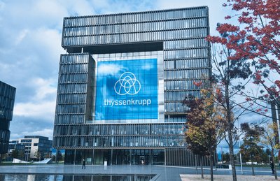 Visualization of new logo against thyssenkrupp Headquarters (Essen, Germany)