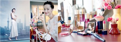 左：美素桃花妆，裴蓓演绎2015上海城市形象大片 中：美素梳妆台，宛如浓缩的东方花园 右：美素梳妆台，用花与籽的再生能量培育着东方女性美由心生的自信