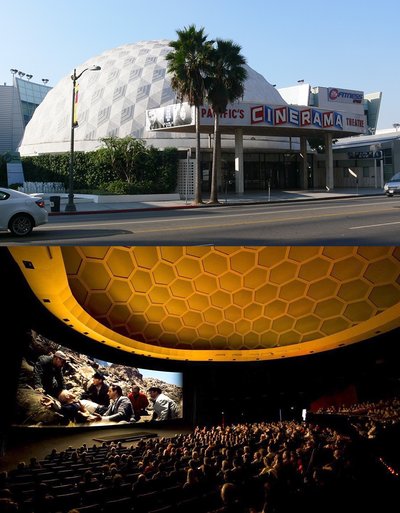 位于洛杉矶好莱坞的Arclight Cinerama Dome影院的外观（上图）和内部（下图），因其历史底蕴而闻名美国。